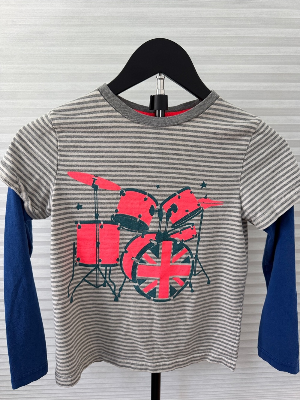 Mini Boden Grey Striped Long-Sleeve Tee with Pink Drum Graphic and Blue Sleeves